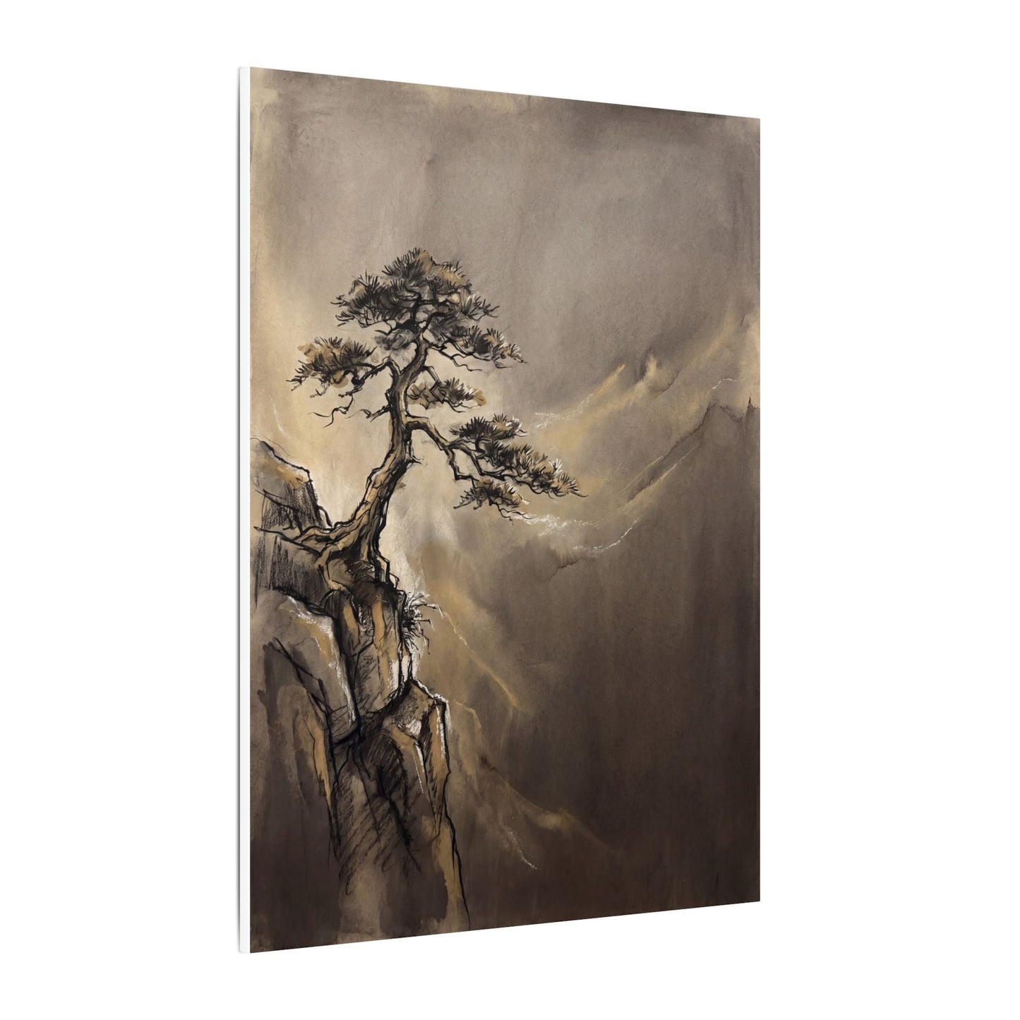 Pine Tree Charcoal Ink Canvas Art | Luxurious Dark Japandi Art