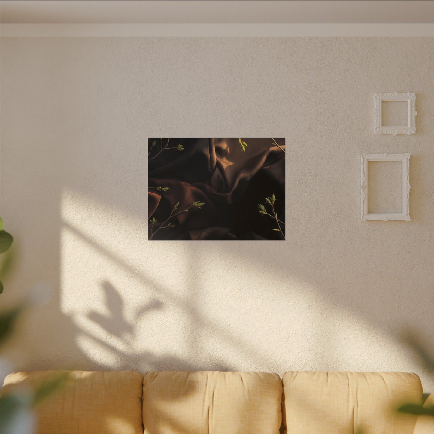 Dark Japandi Silk Drape in Golden Hour | Moody Minimal Canvas Art