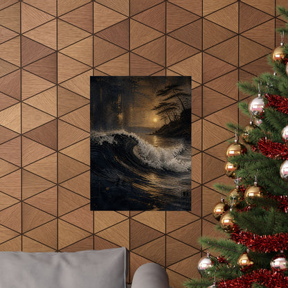 Dark Japandi Ocean Wave in Golden Hour | Dark Texture Wall Art Print