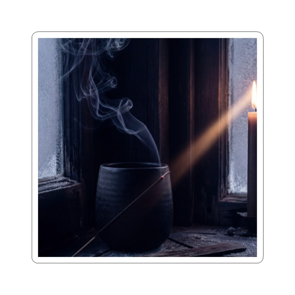 Dark Japandi Incense Smoke in Candlelight | Moody Minimal Sticker Art Print