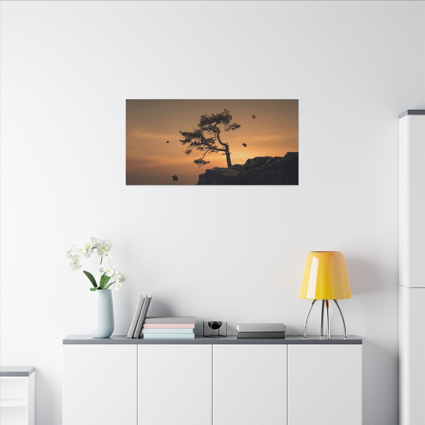 Dark Japandi Pine Tree in Golden Hour | Moody Minimal Canvas Art