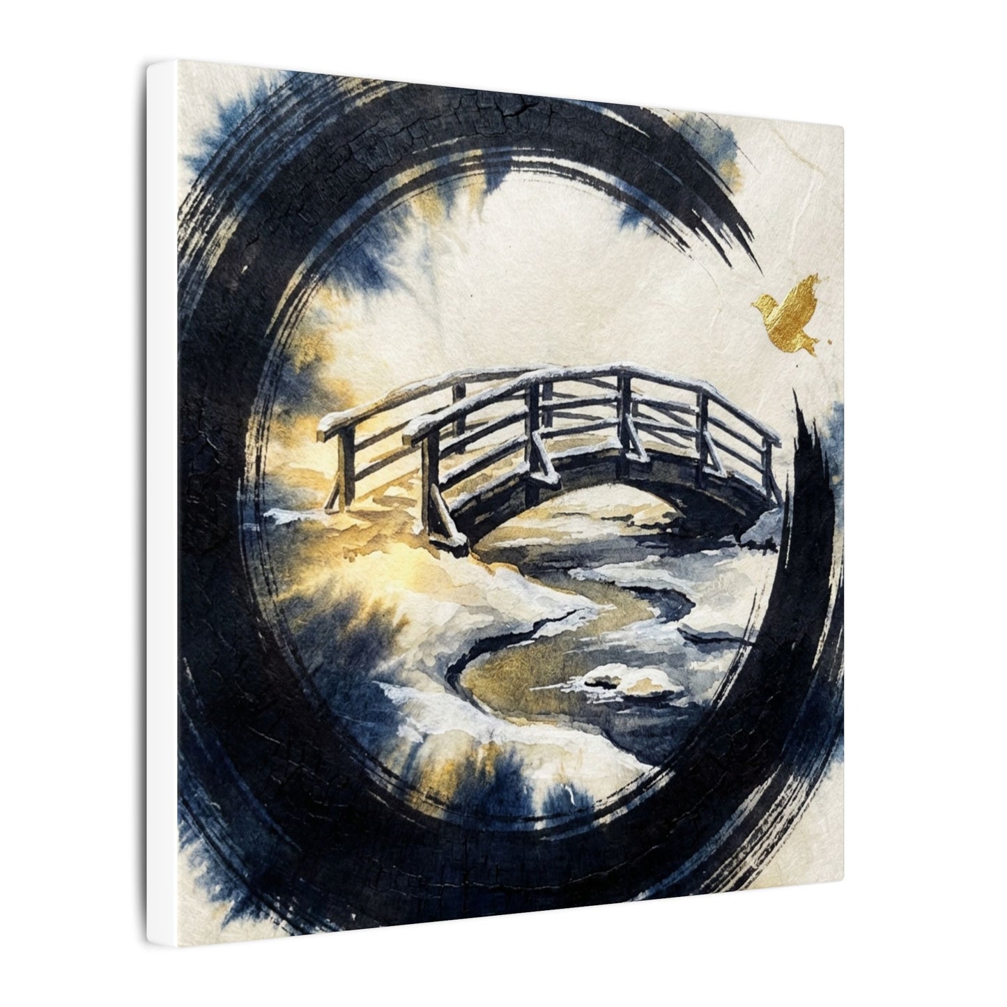 Winter Wooden Bridge Enso Canvas Art | Serene Decor