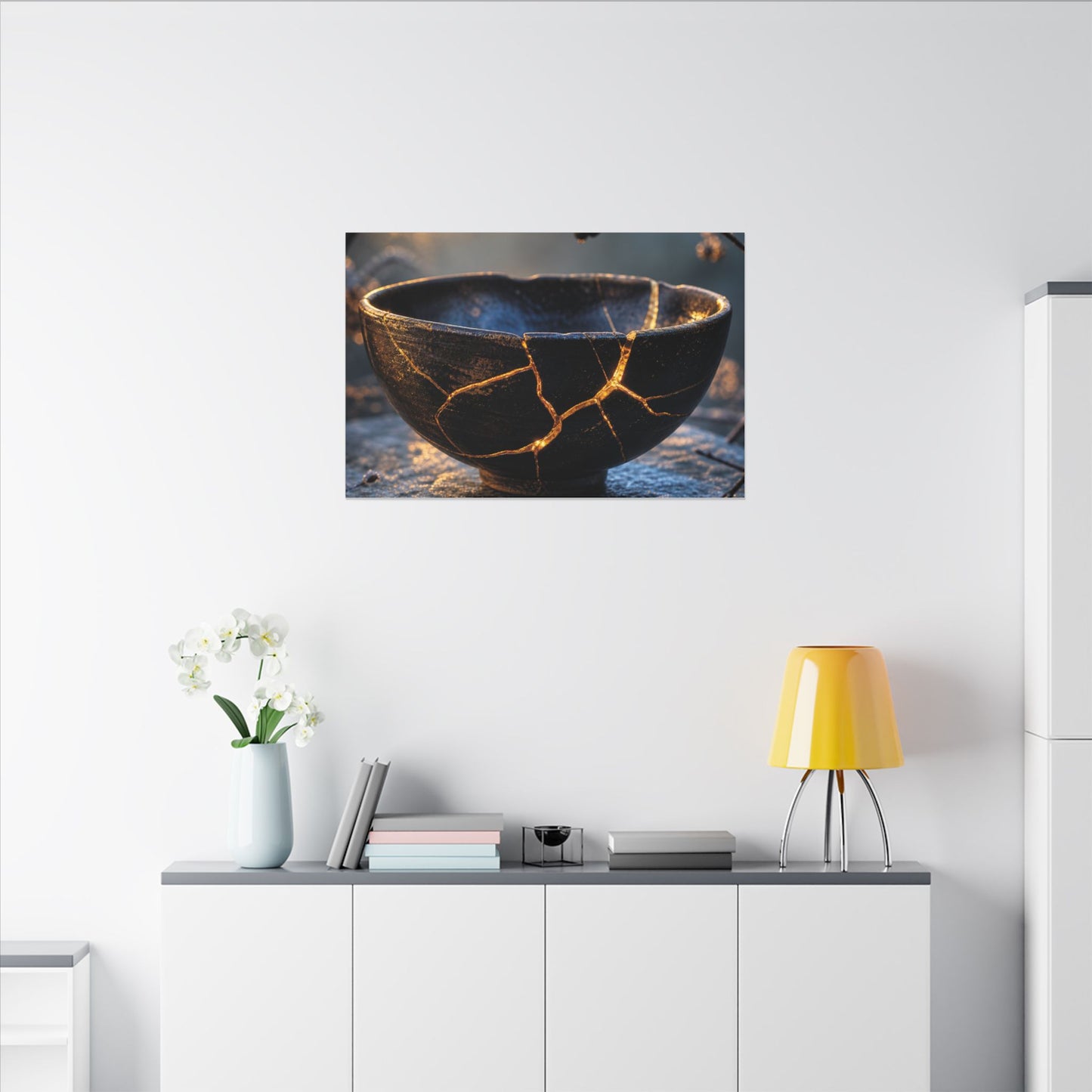 Ceramic Bowl Canvas Art | Winter Kintsugi Gold Repair Art