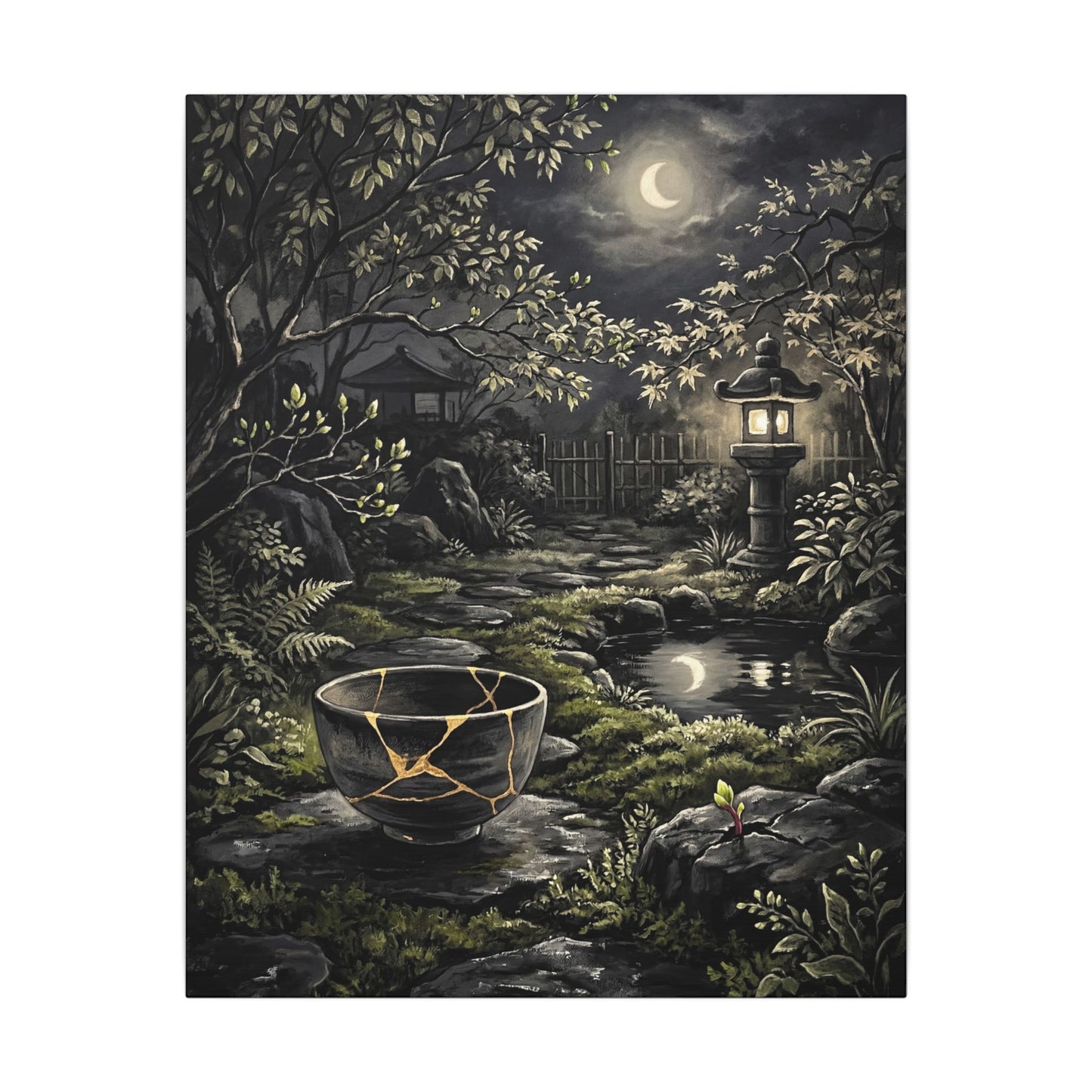 Kintsugi Moonlit Garden in Dappled | Gold Repair Canvas Art
