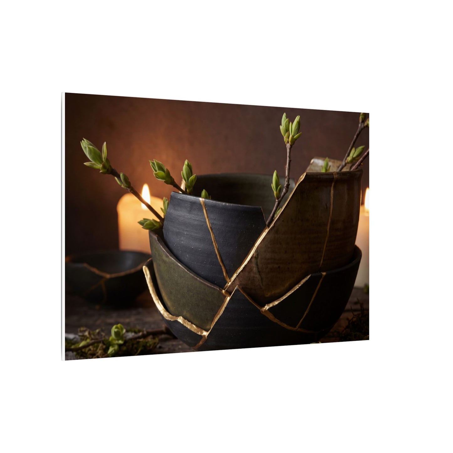 Broken Pottery Spring Canvas Art | Dark Japandi Luxurious Design
