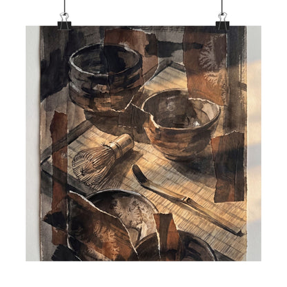 Dark Japandi Tea Ceremony in Golden Hour | Charcoal Ink Wall Art Print