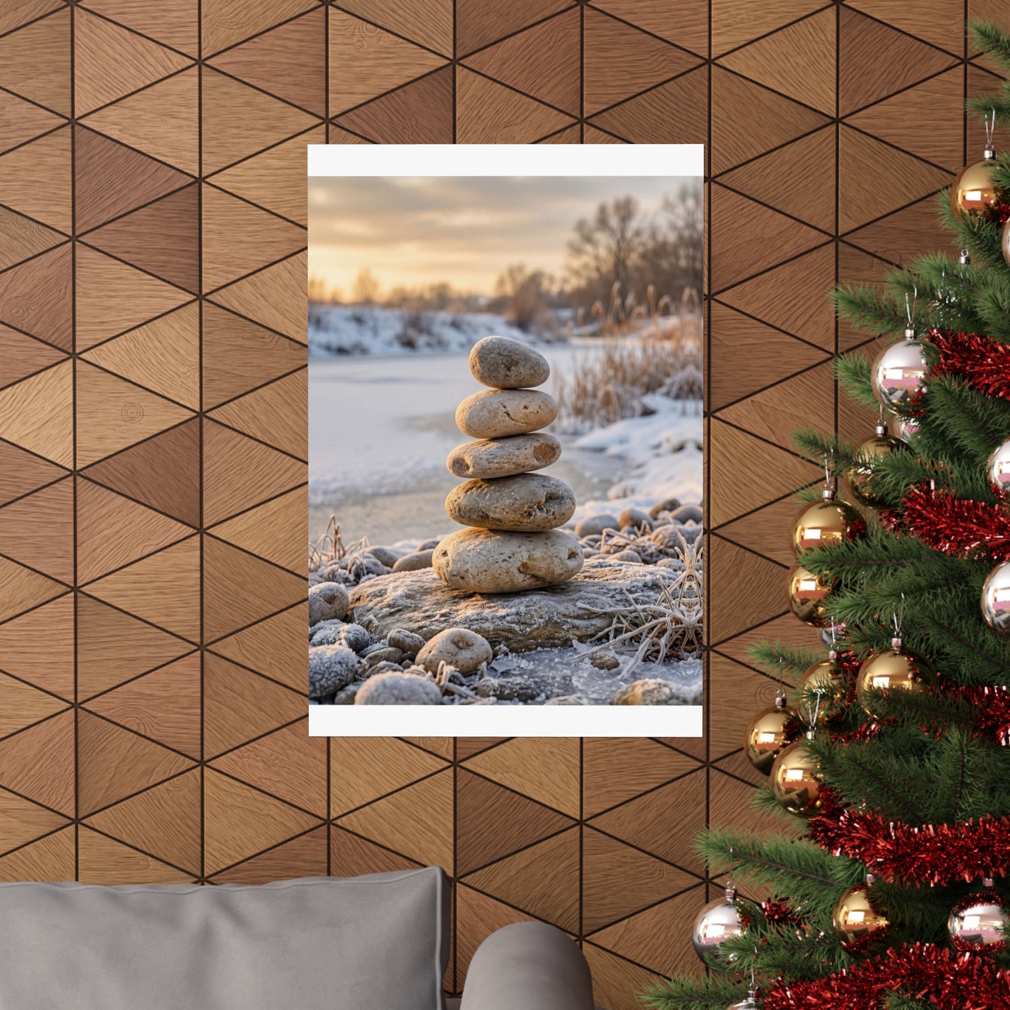 Winter River Stones Japanese Pattern Wall Art Print | Warm Decor
