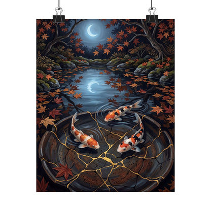 Kintsugi Koi Pond in Moonlight | Gold Repair Wall Art Print