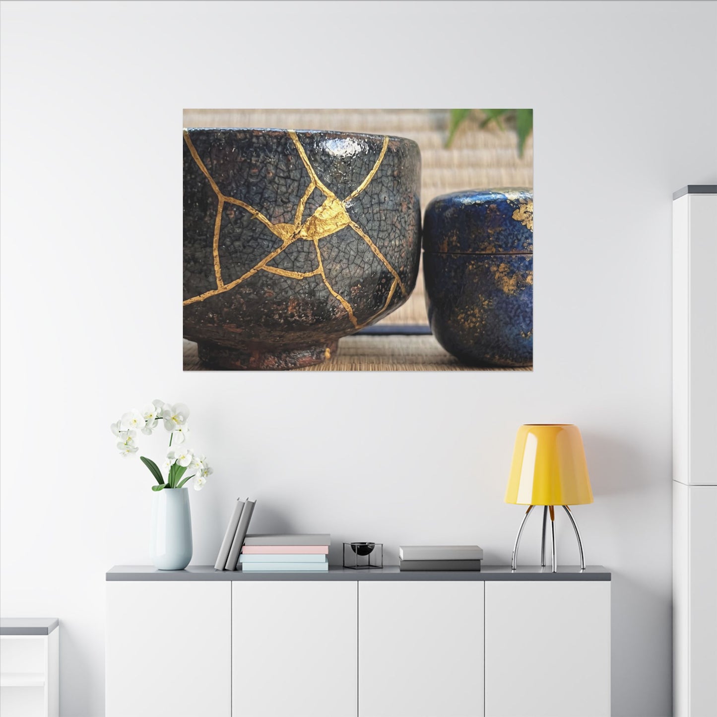 Tea Ceremony Crackle Gold Canvas Art | Philosophical Kintsugi Art