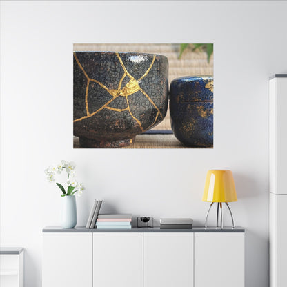 Tea Ceremony Crackle Gold Canvas Art | Philosophical Kintsugi Art
