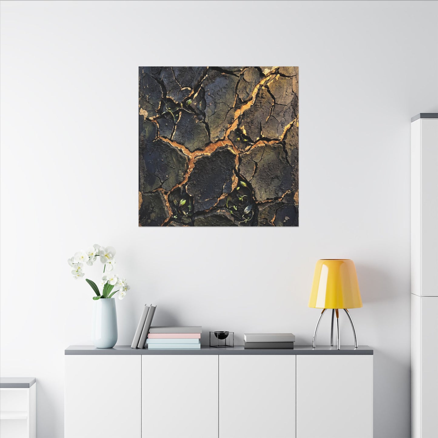 Cracked Earth Spring Canvas Art | Dark Japandi Atmospheric Design