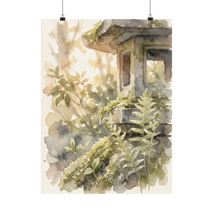 Seijaku Stone Lantern Wall Art Print - Japandi Watercolor