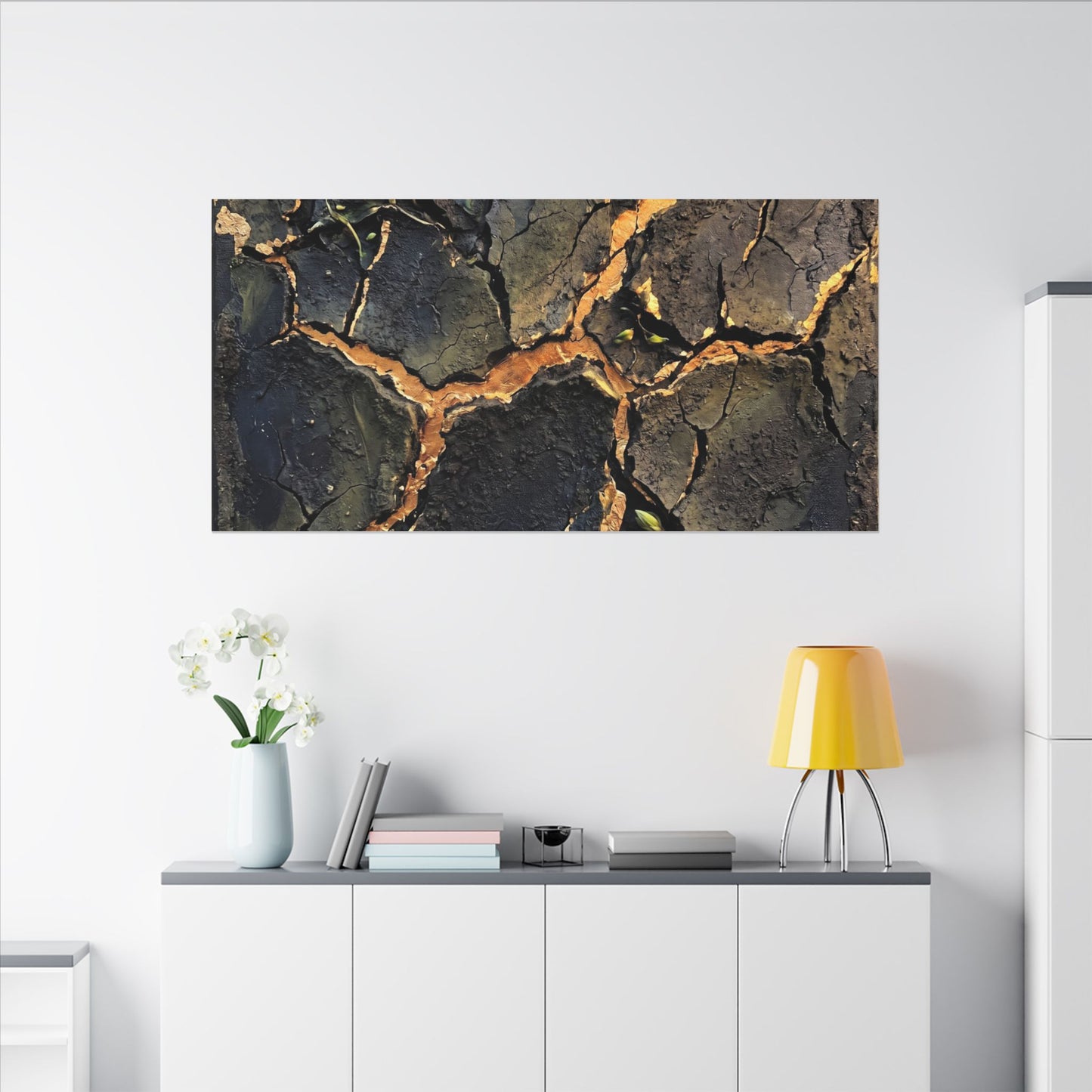 Cracked Earth Spring Canvas Art | Dark Japandi Atmospheric Design