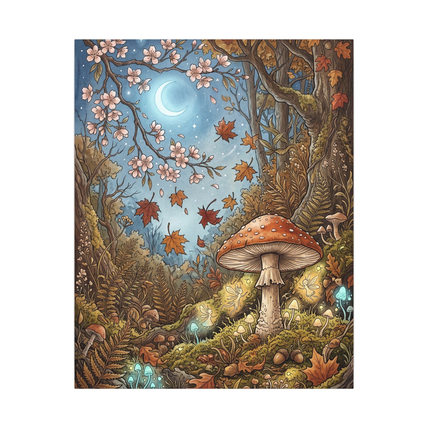 Autumn Cherry Blossom Mushroom Illustration Canvas Art | Enchanting Decor