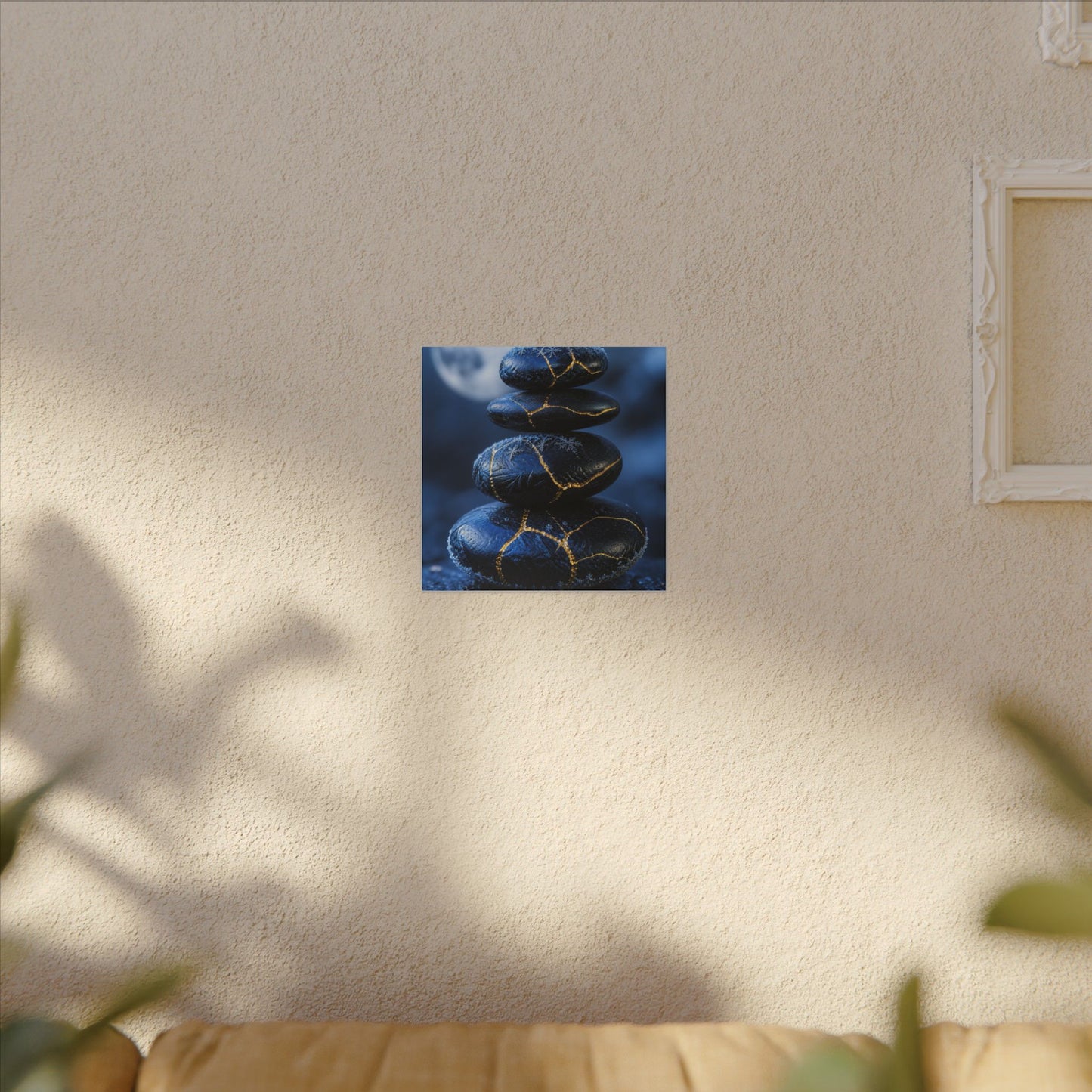 River Stones Canvas Art | Winter Kintsugi Gold Repair Art