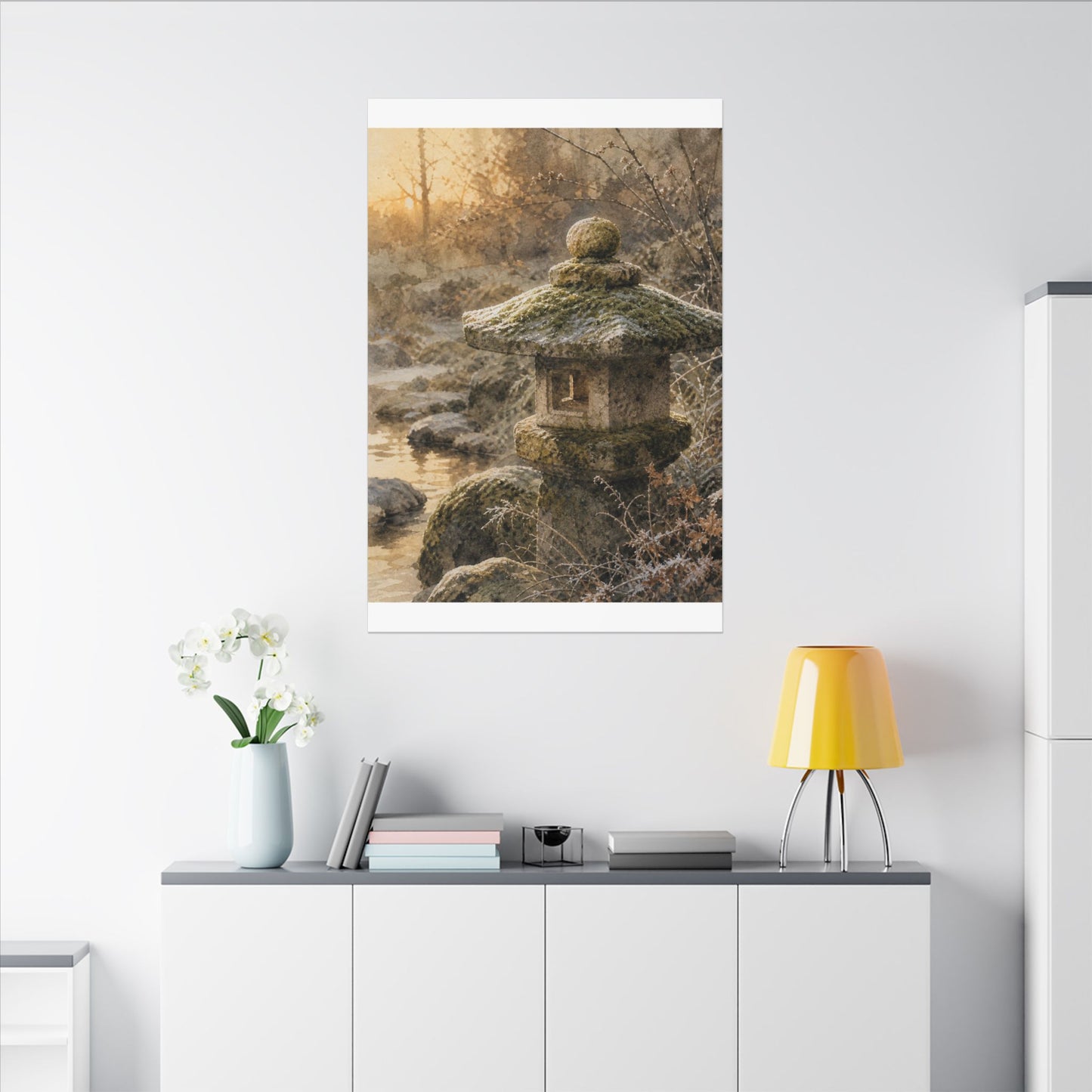 Winter Stone Lantern Watercolor Canvas Art | Earthy Decor