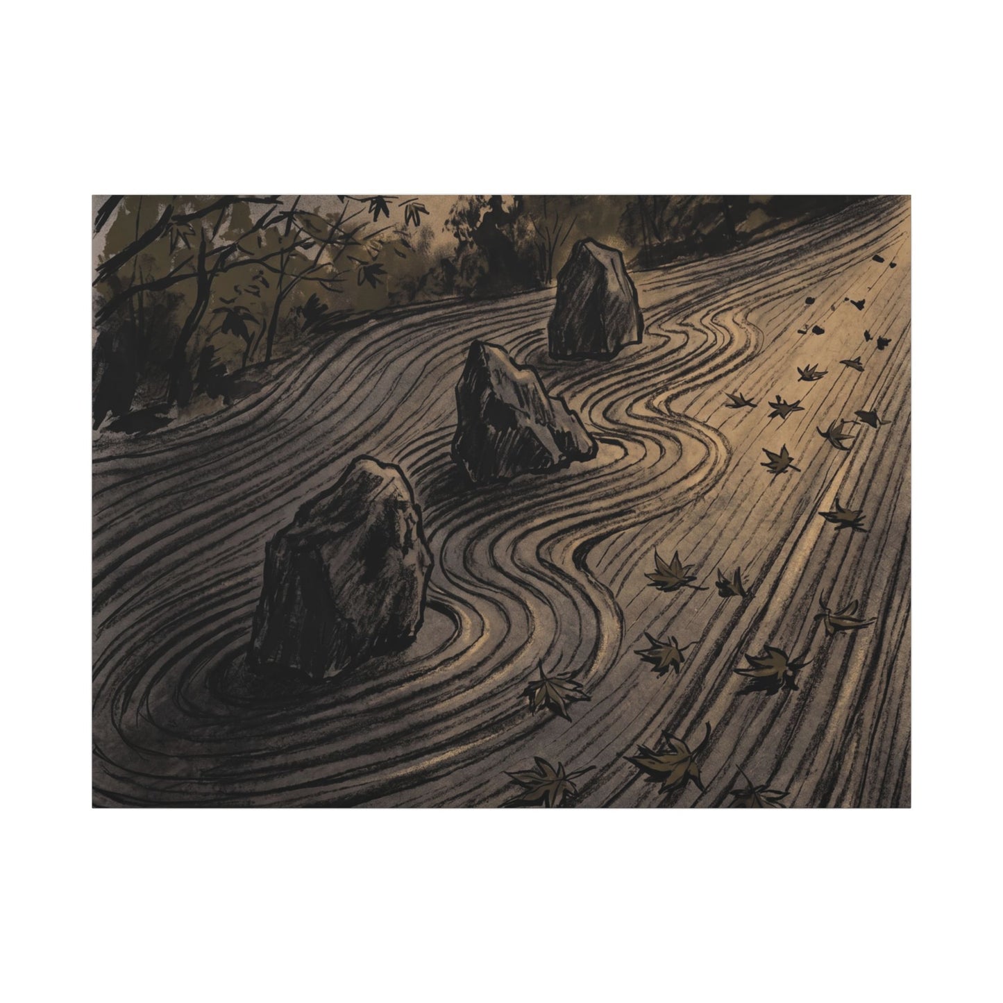 Rock Garden Canvas Art | Autumn Dark Japandi Charcoal Ink Art