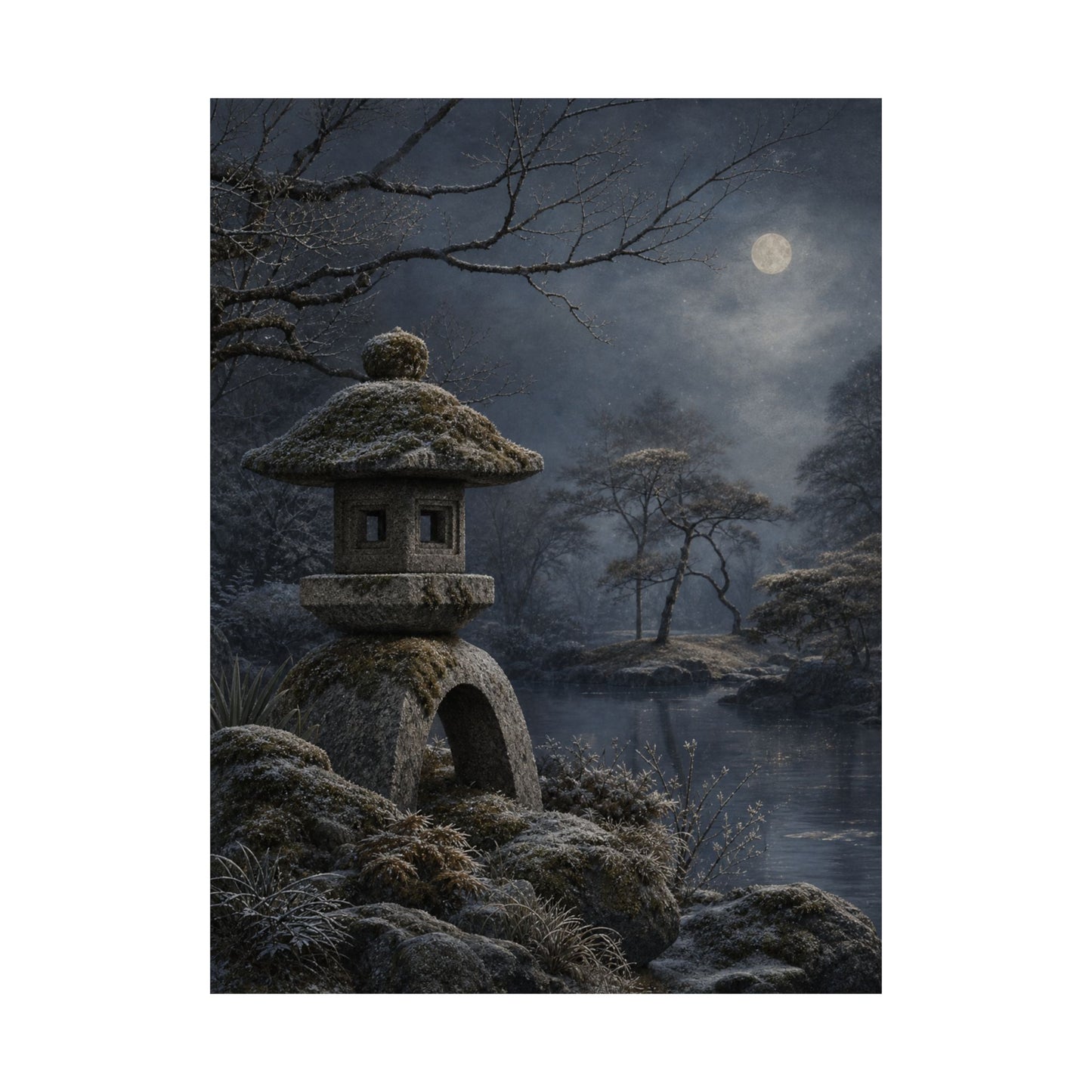Winter Stone Lantern Japanese Pattern Wall Art Print | Earthy Decor