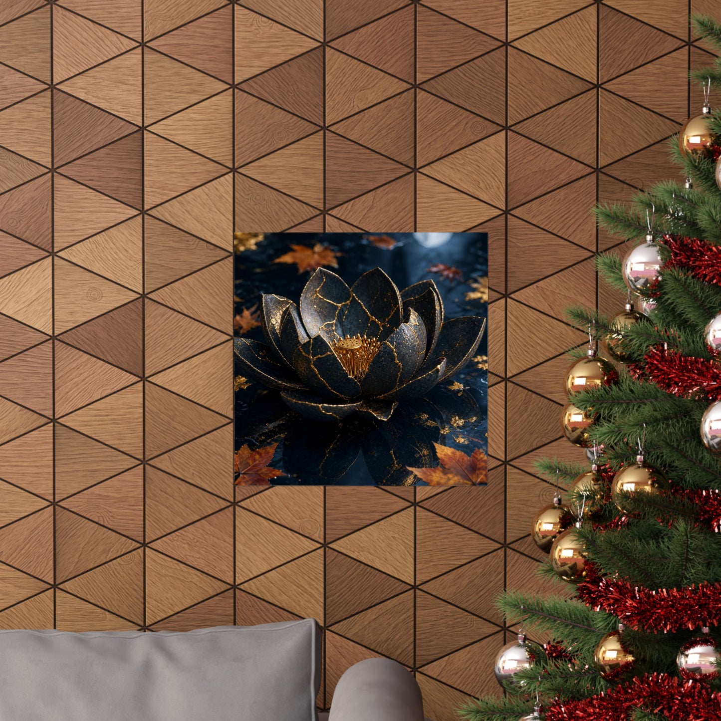 Kintsugi Lotus Flower in Moonlight | Gold Repair Wall Art Print