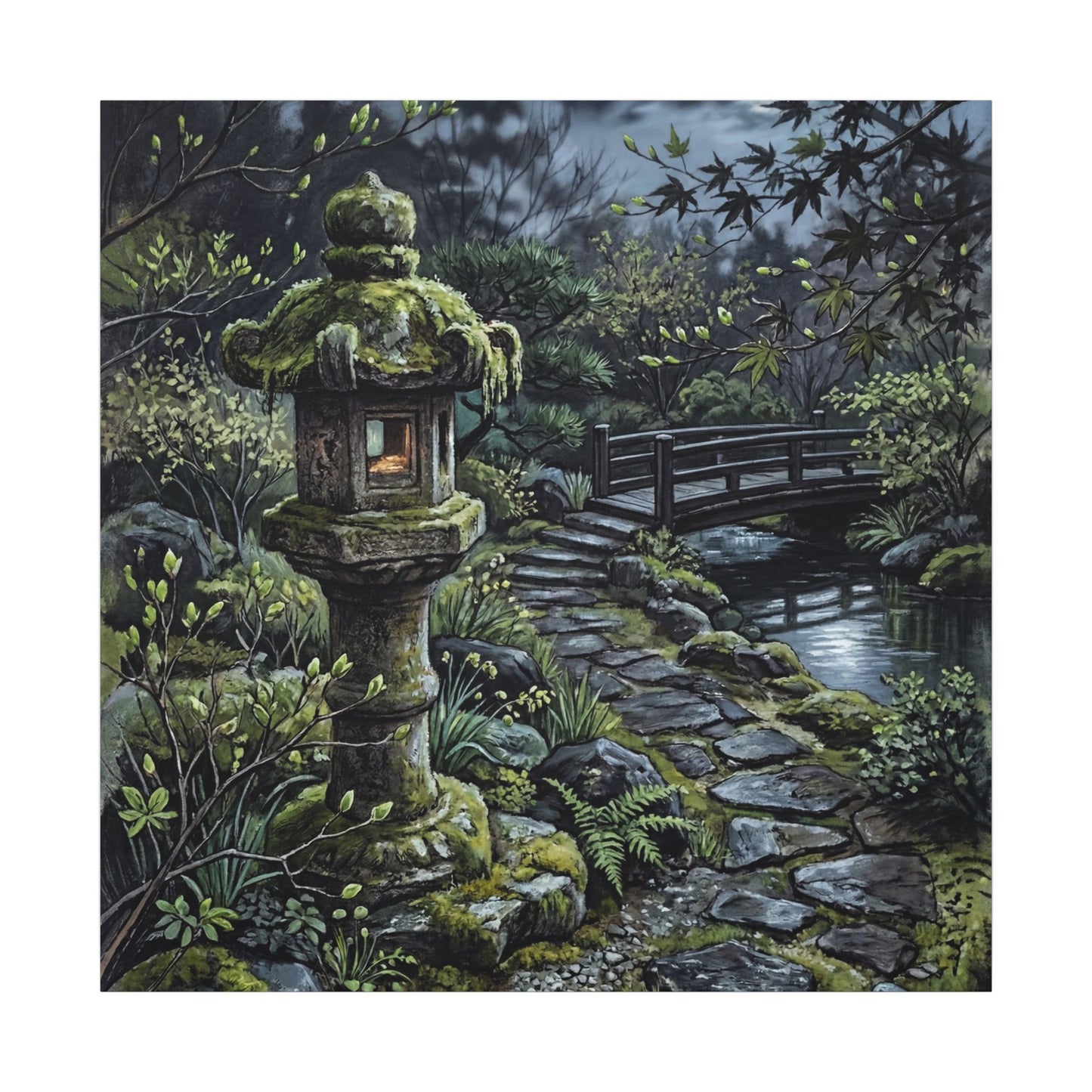 Japandi Stone Lantern in Moonlight | Texture Canvas Art