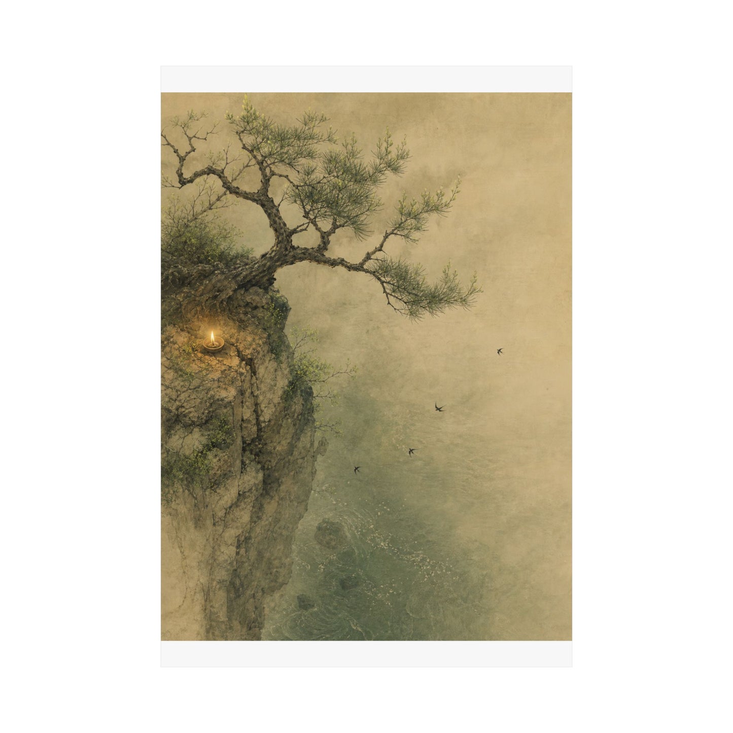 Japandi Pine Tree in Candlelight | Minimal Line Wall Art Print