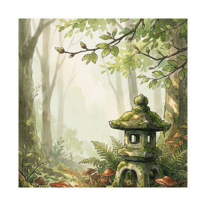 Spring Stone Lantern Mushroom Illustration Wall Art Print | Earthy Decor