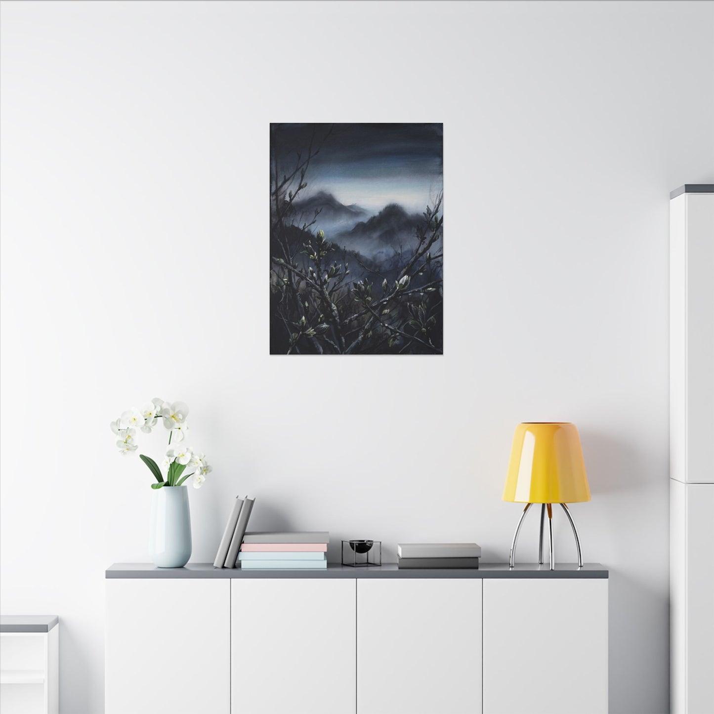 Mountain Mist Spring Canvas Art | Dark Japandi Atmospheric Design