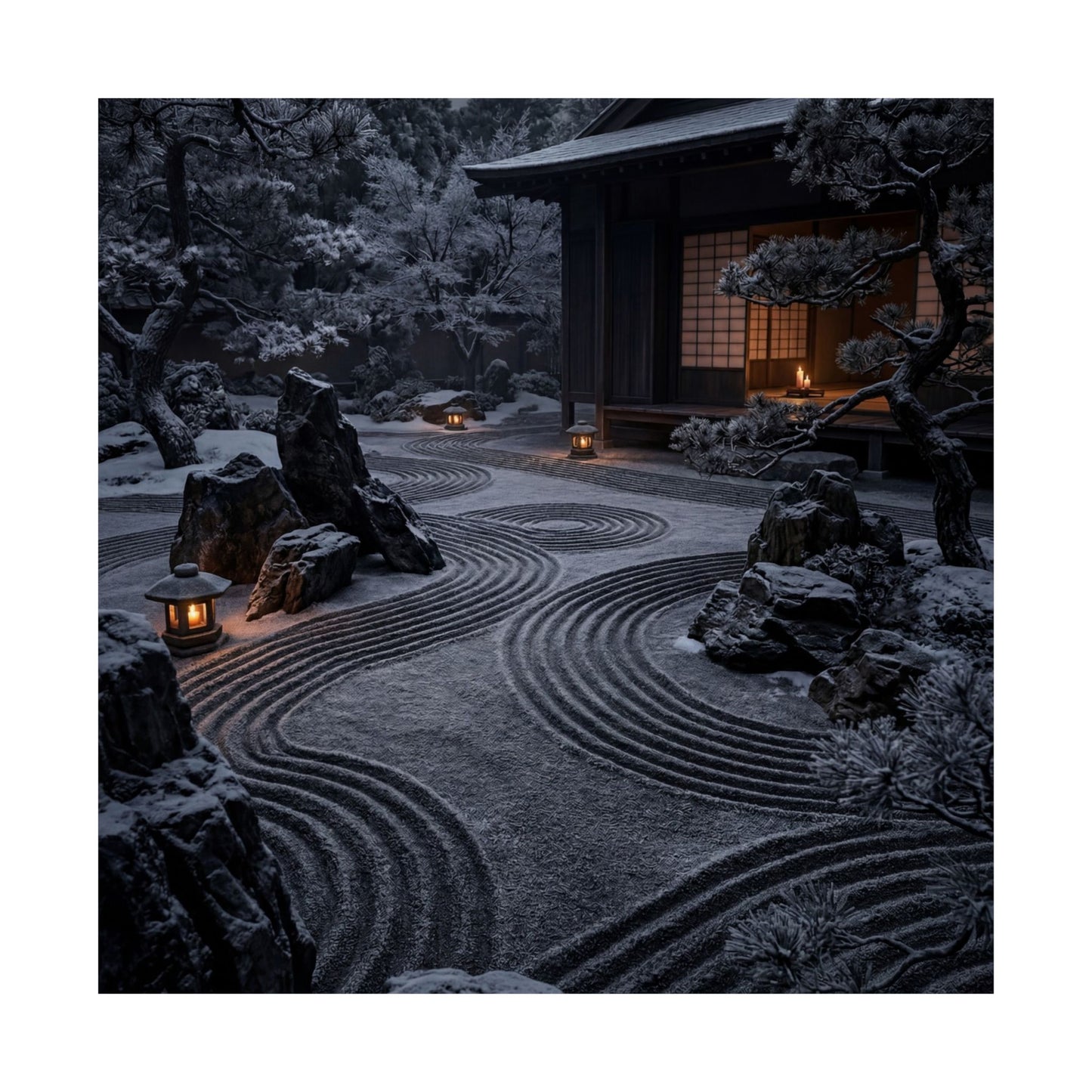 Dark Japandi Rock Garden in Candlelight | Shadow Zen Wall Art Print