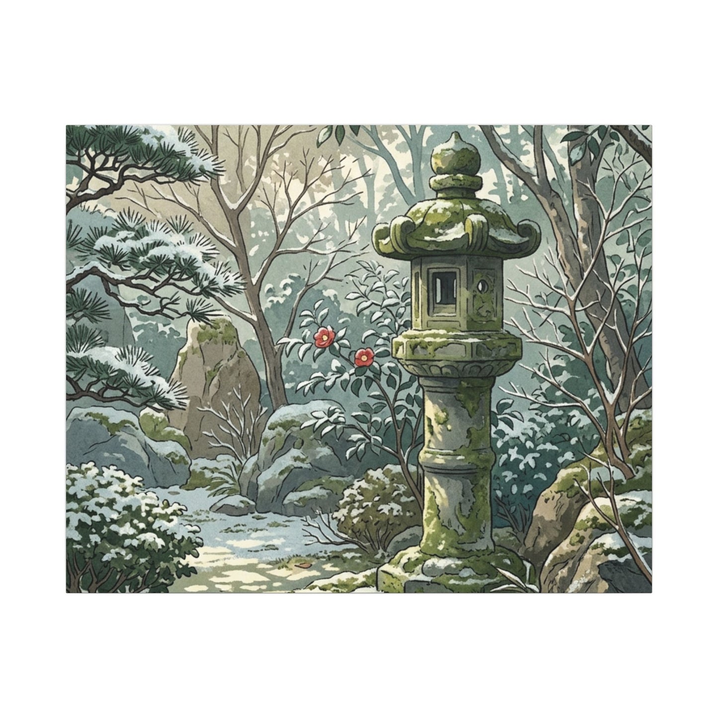 Stone Lantern Winter Canvas Art | Japandi Warm Design
