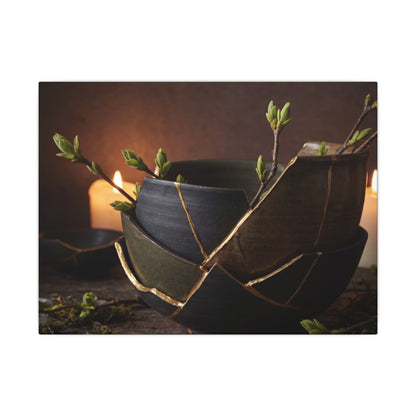 Broken Pottery Spring Canvas Art | Dark Japandi Luxurious Design Art Print