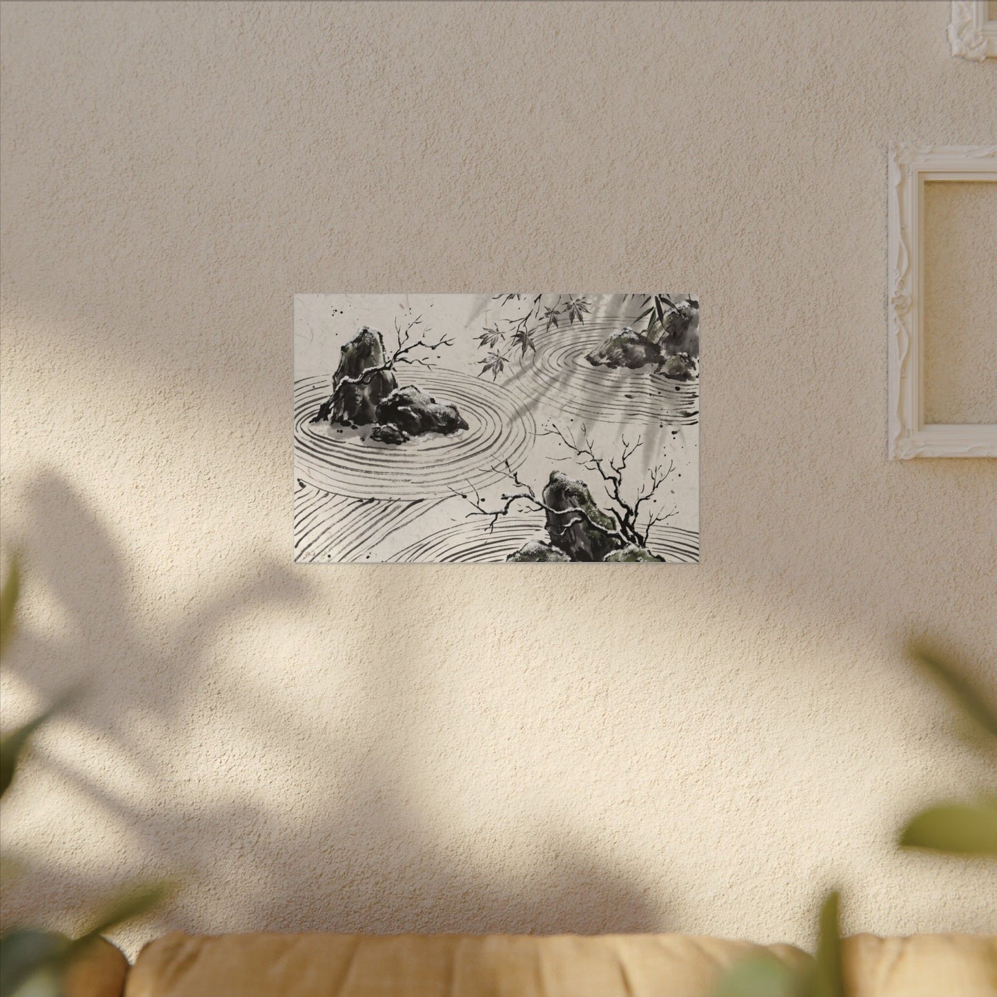 Rock Garden Canvas Art | Winter Zen Sumi E Art
