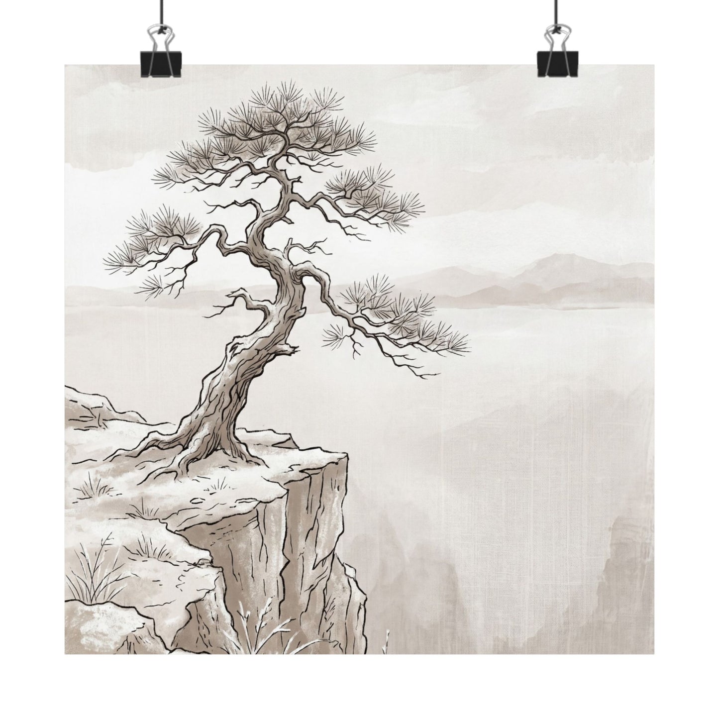 Japandi Pine Tree in Overcast | Minimal Line Wall Art Print