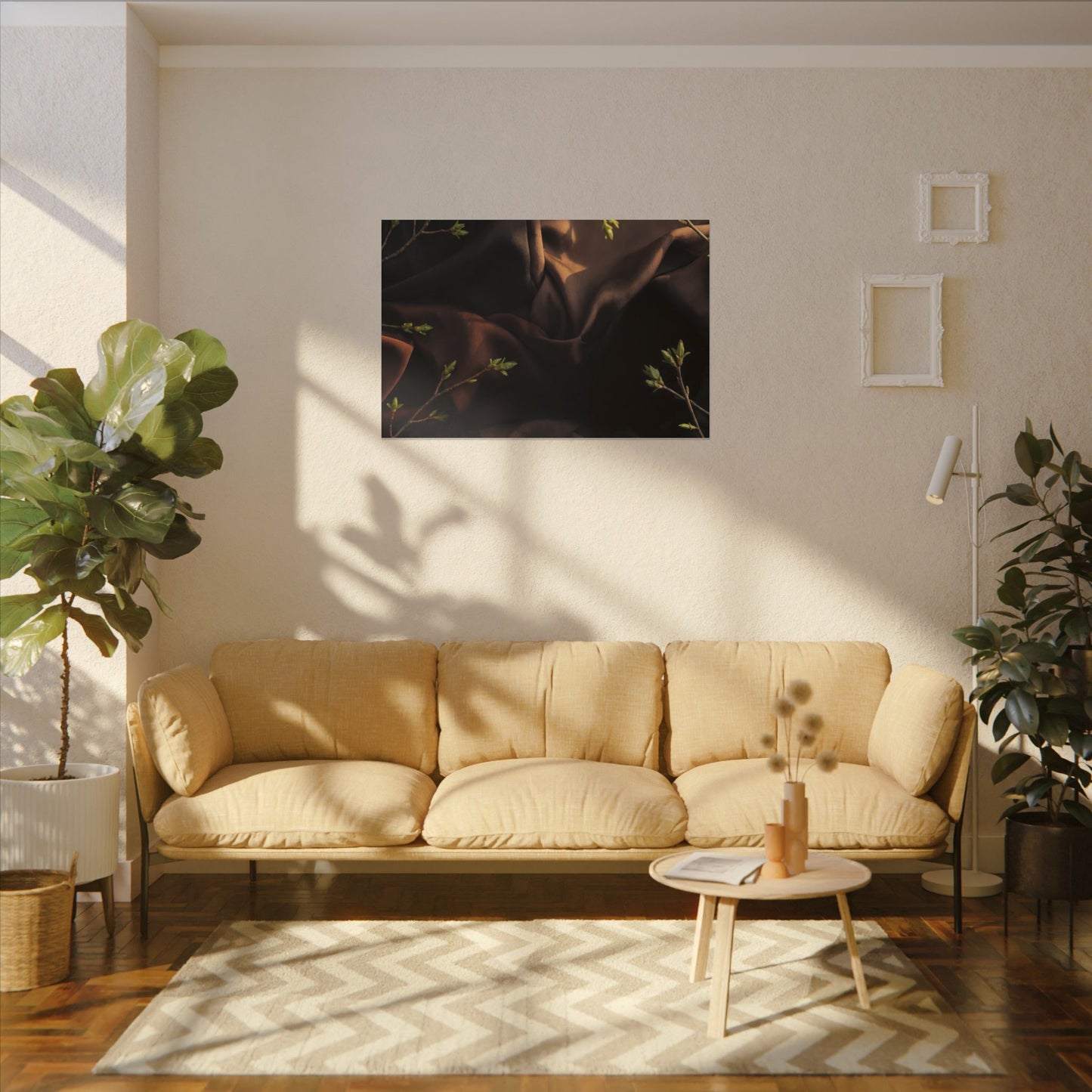 Dark Japandi Silk Drape in Golden Hour | Moody Minimal Canvas Art