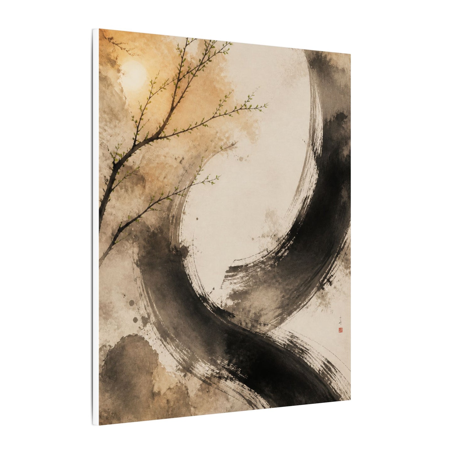 Japandi Ink Brushstroke in Golden Hour | Watercolor Canvas Art