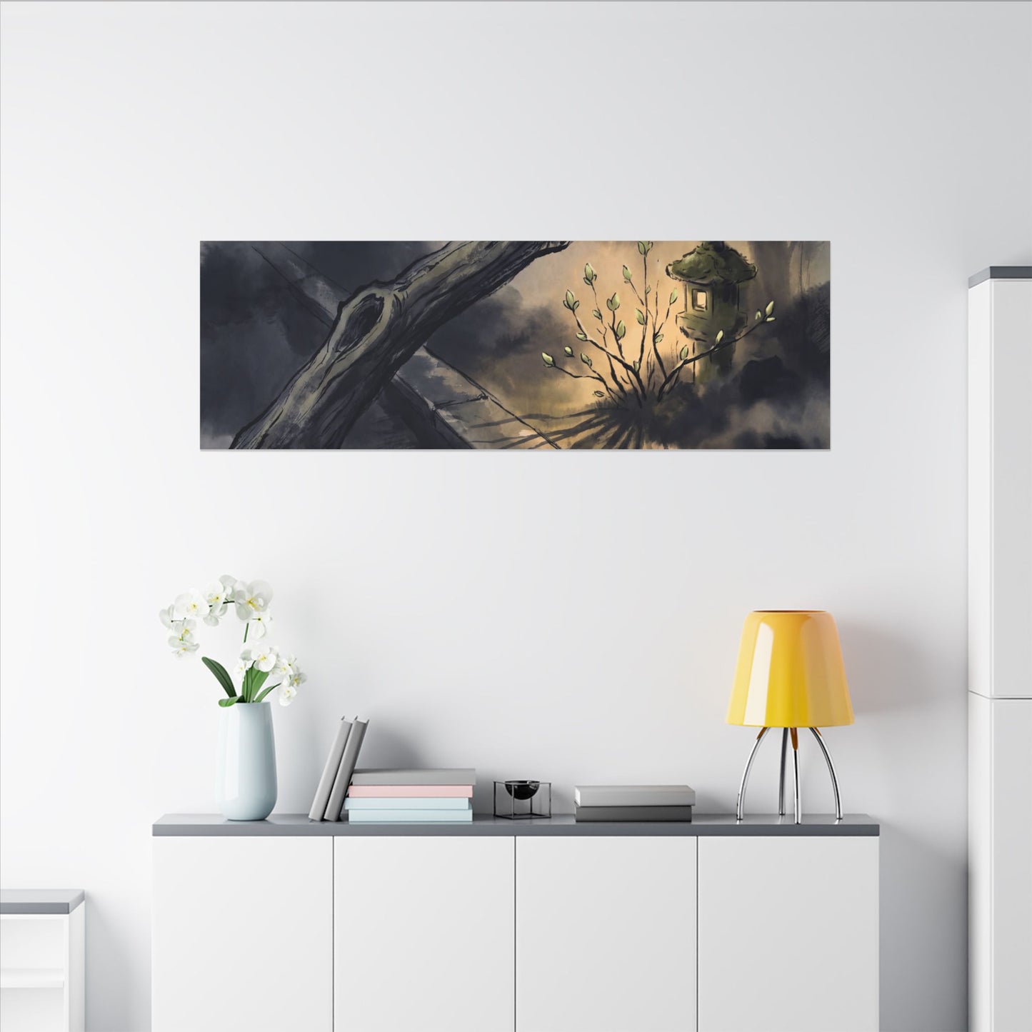 Dark Japandi Moonlit Garden in Golden Hour | Charcoal Ink Canvas Art