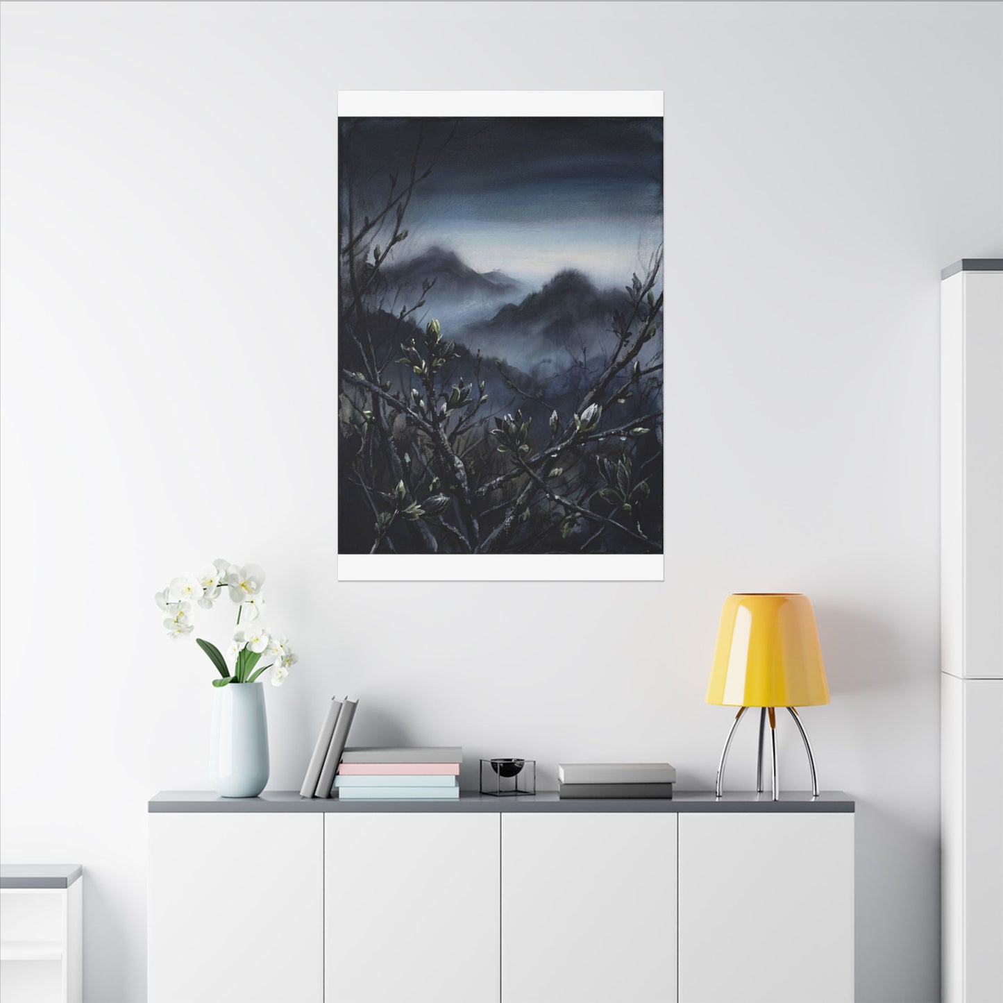Mountain Mist Spring Canvas Art | Dark Japandi Atmospheric Design
