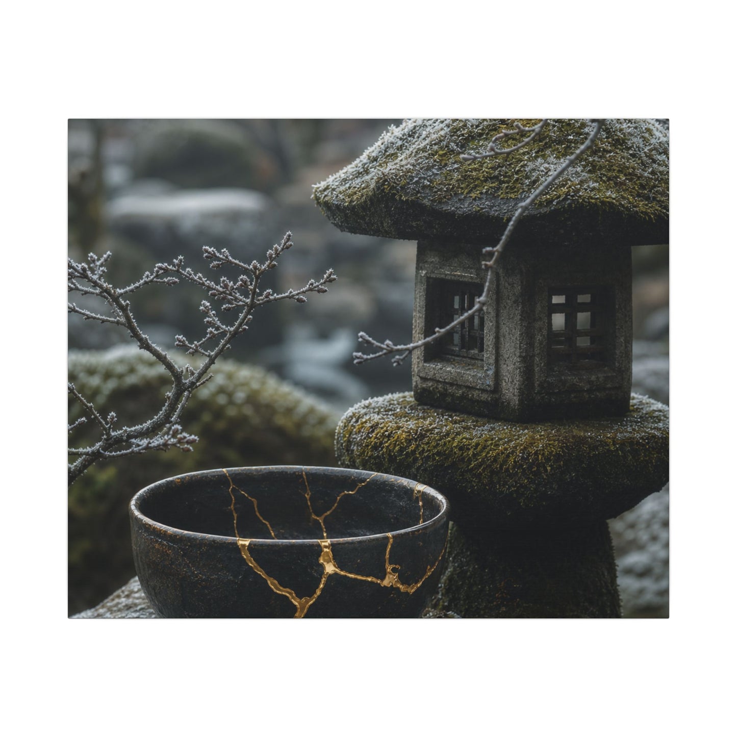 Stone Lantern Canvas Art | Winter Kintsugi Gold Repair Art