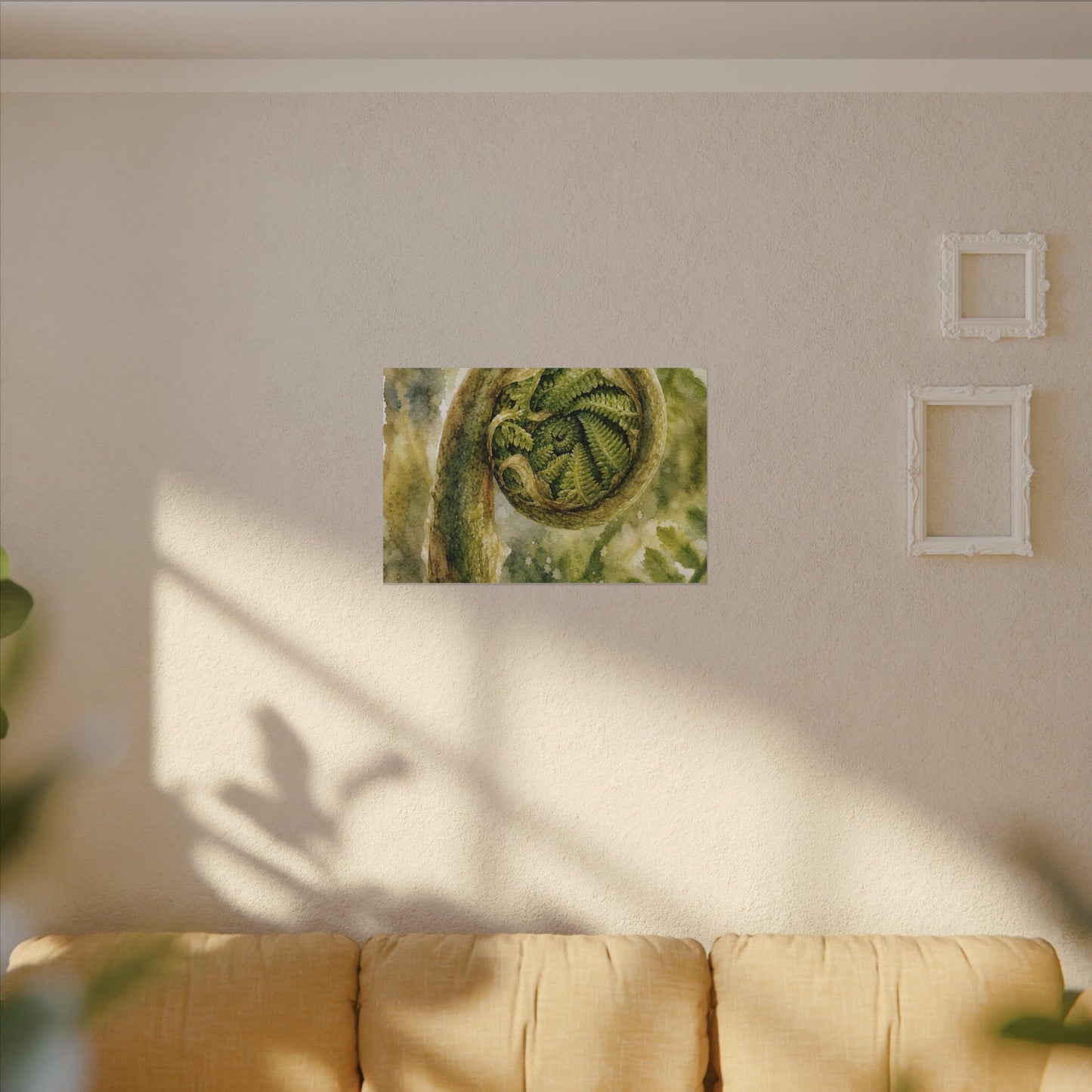 Japandi Fern Unfurling in Dappled | Watercolor Canvas Art