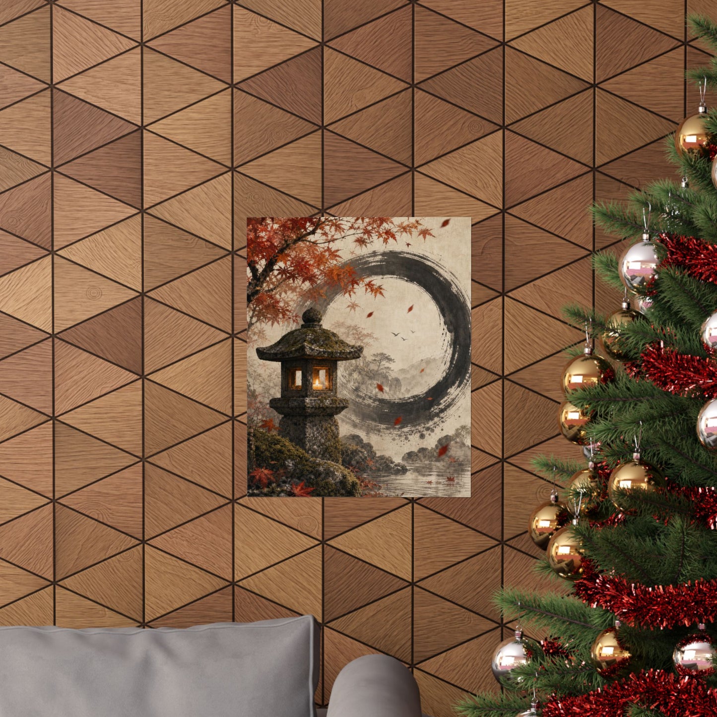 Autumn Stone Lantern Enso Wall Art Print | Serene Decor