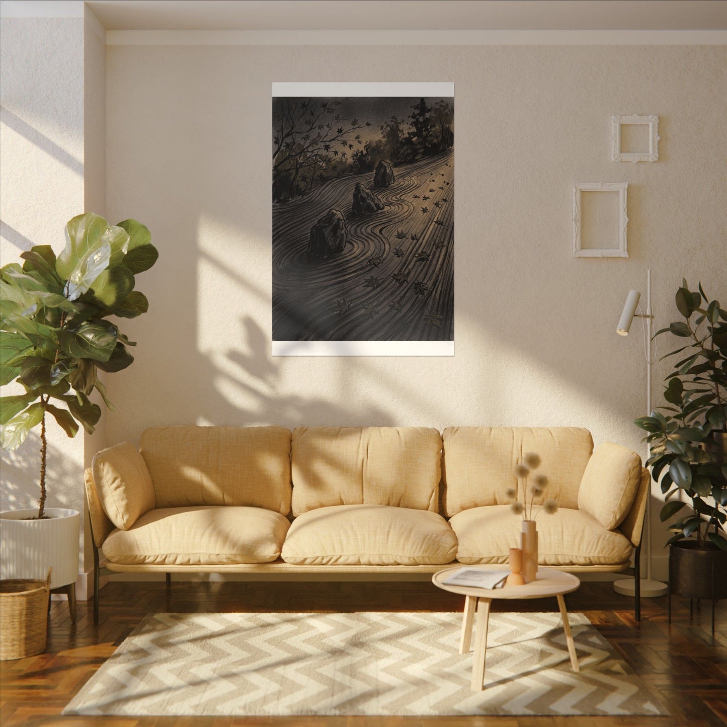 Rock Garden Canvas Art | Autumn Dark Japandi Charcoal Ink Art