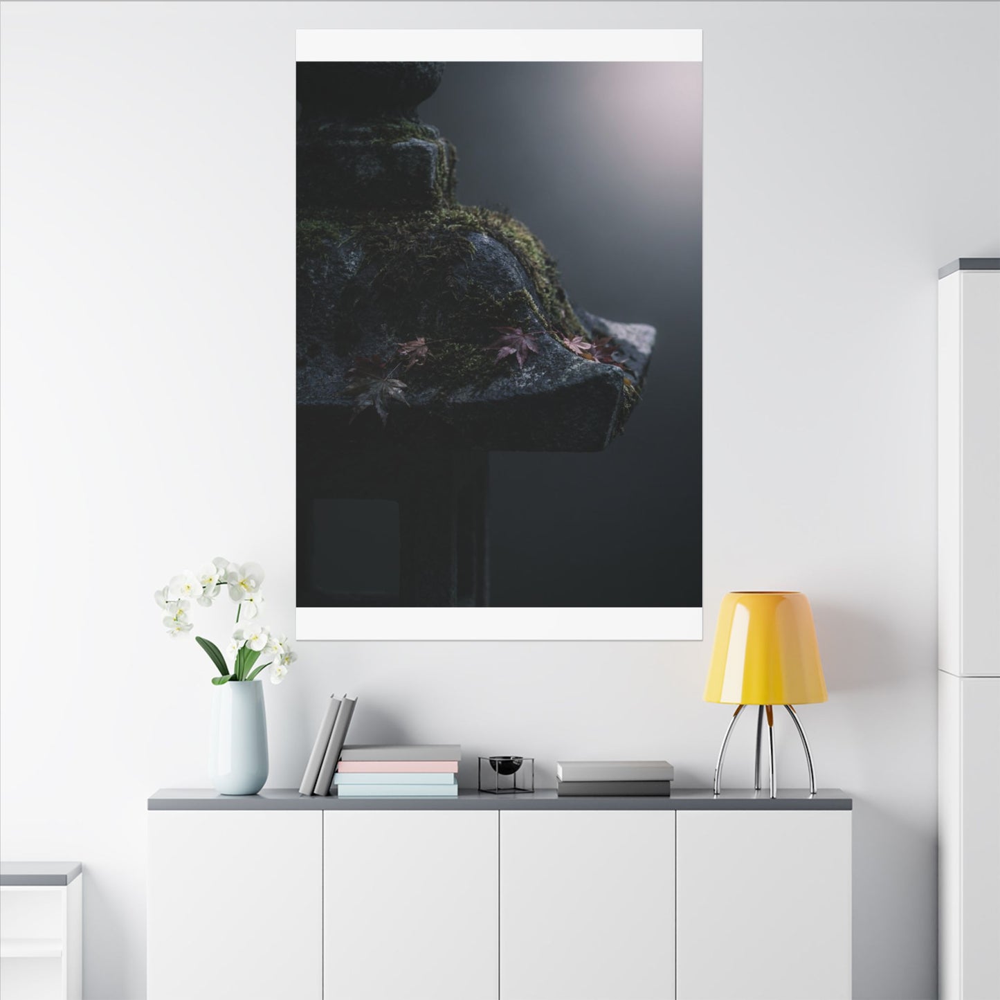 Stone Lantern Moody Minimal Canvas Art | Sophisticated Dark Japandi Art