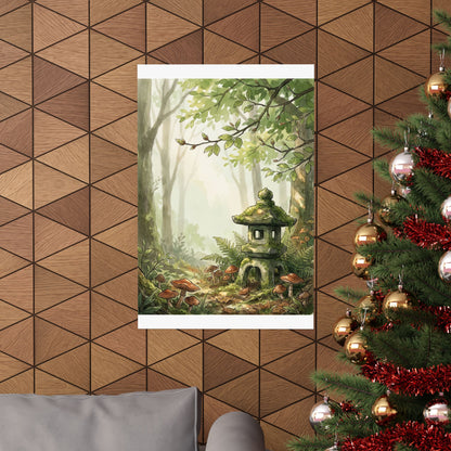 Spring Stone Lantern Mushroom Illustration Wall Art Print | Earthy Decor