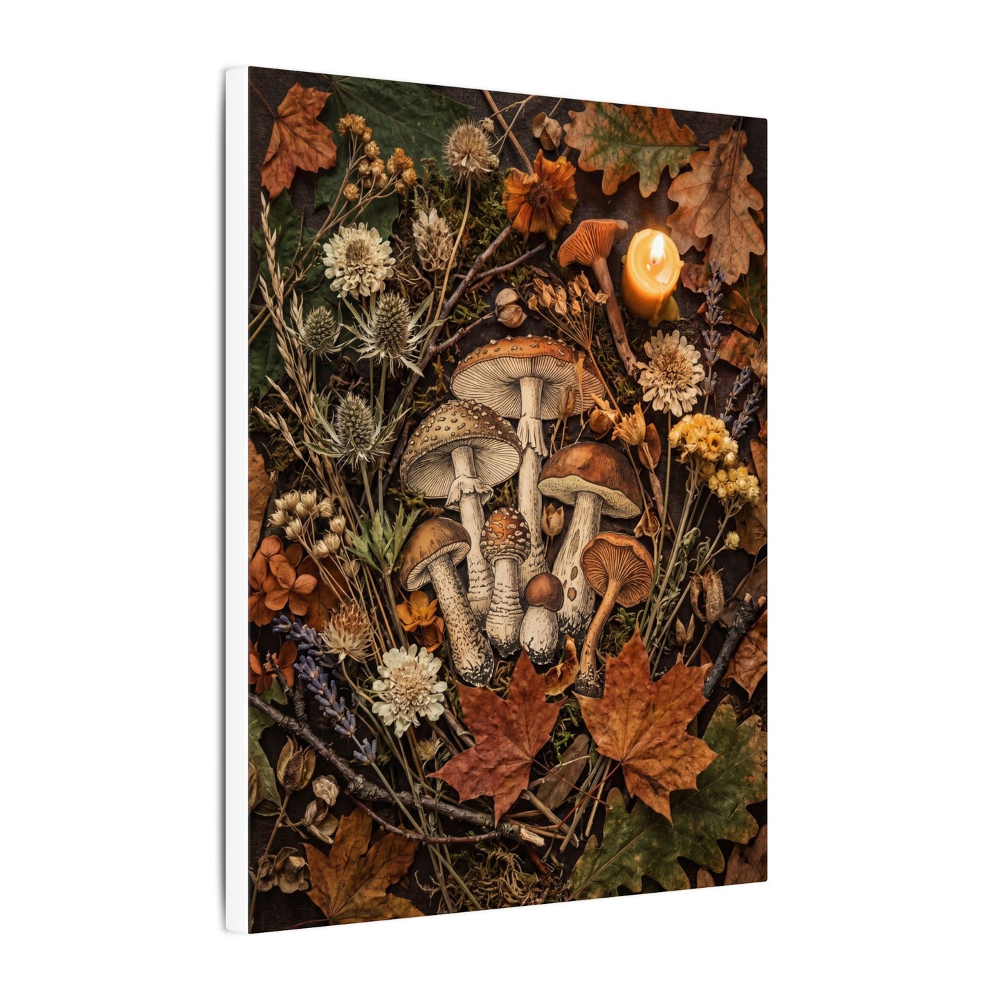 Autumn Dried Flowers Mushroom Illustration Canvas Art | Earthy Decor