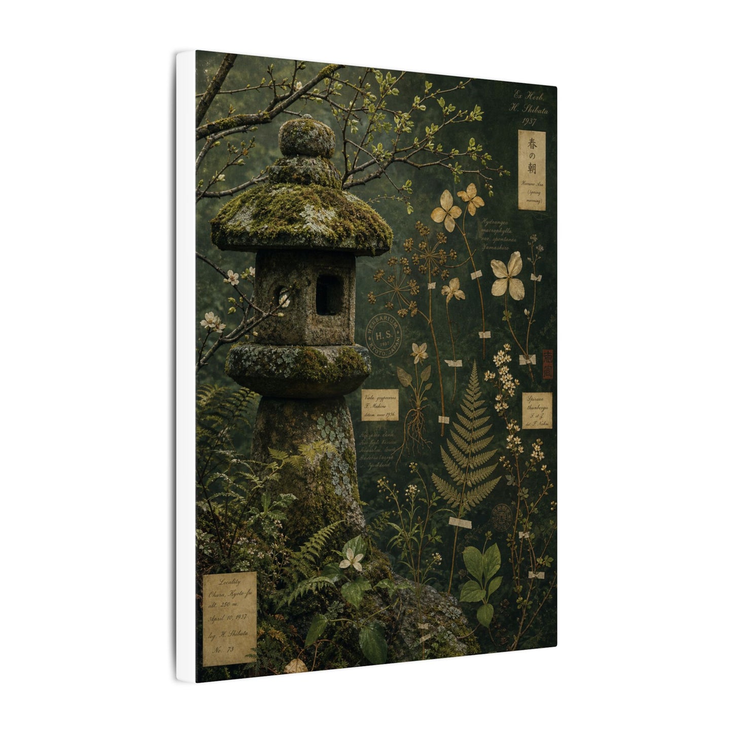 Spring Stone Lantern Herbarium Canvas Art | Nostalgic Decor
