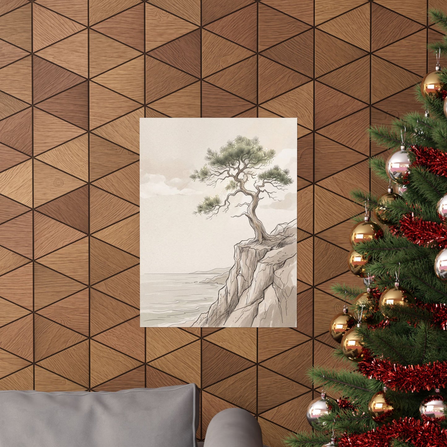 Neutral Pine Tree Wall Art Print - Minimal Line Japandi