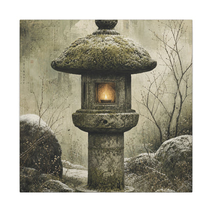 Stone Lantern Winter Canvas Art | Japandi Neutral Design