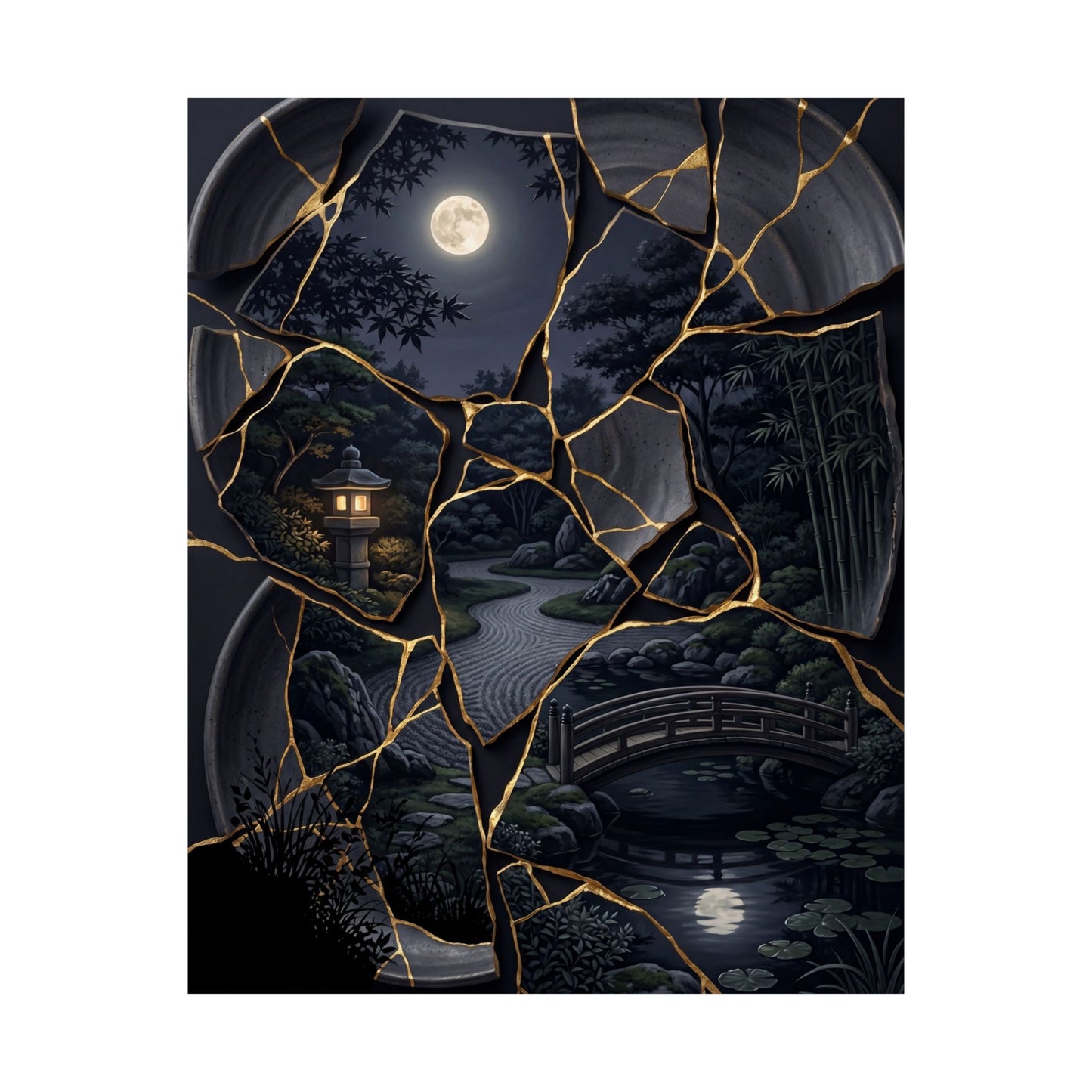 Summer Moonlit Garden Gold Repair Wall Art Print | Philosophical Decor
