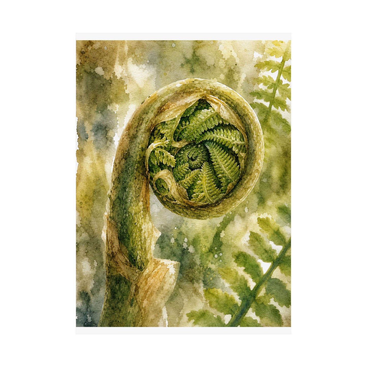 Elegant Fern Unfurling Wall Art Print - Watercolor Japandi