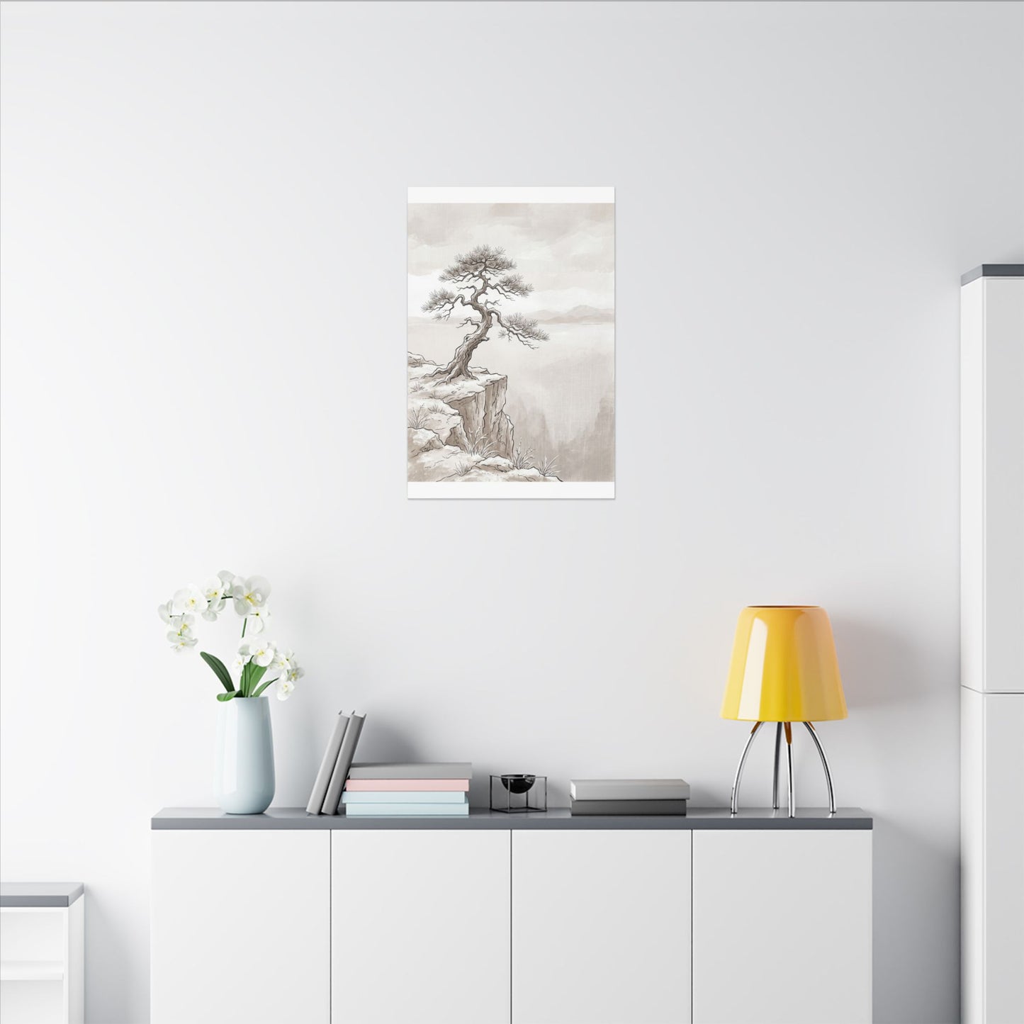 Neutral Pine Tree Canvas Art - Minimal Line Japandi