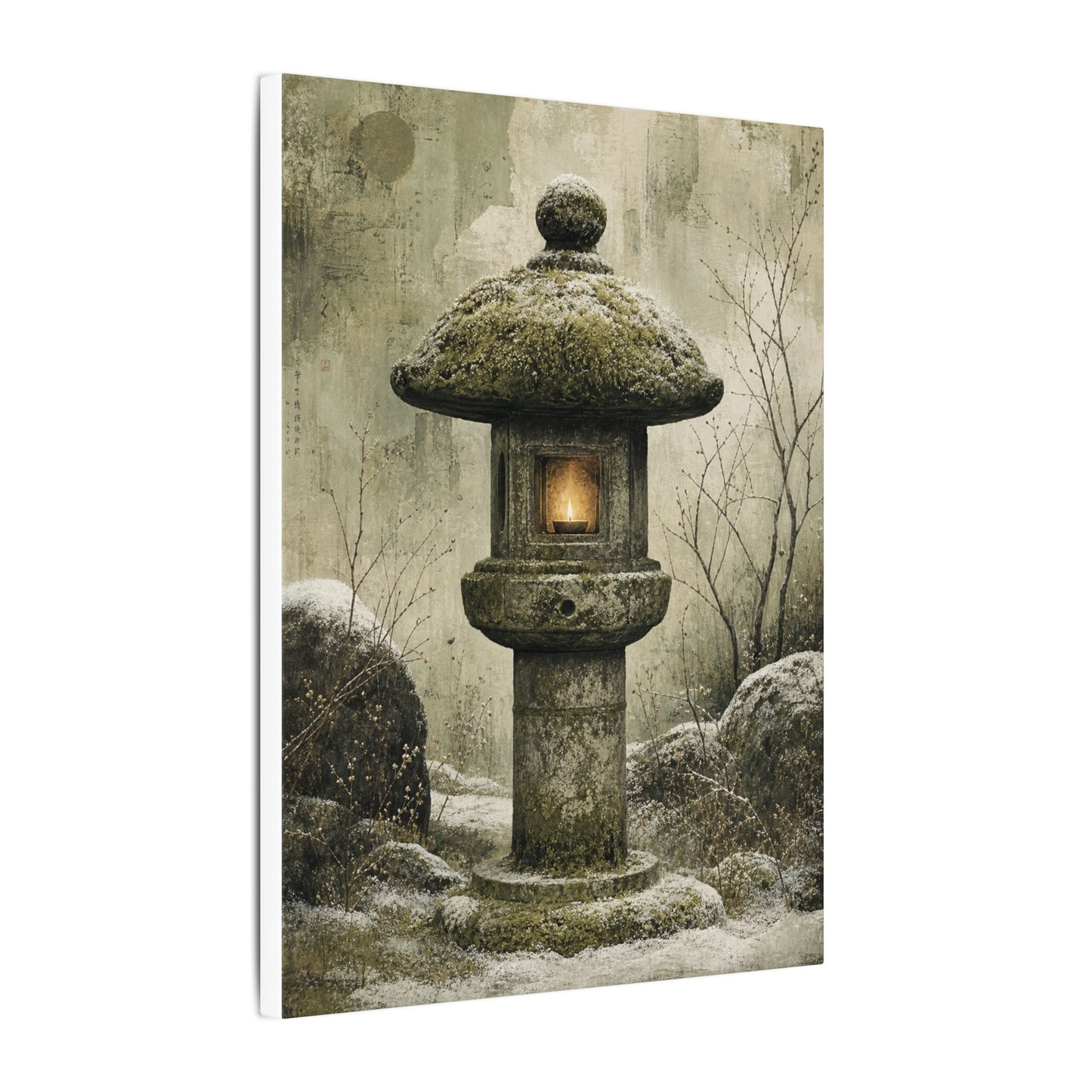 Stone Lantern Winter Canvas Art | Japandi Neutral Design